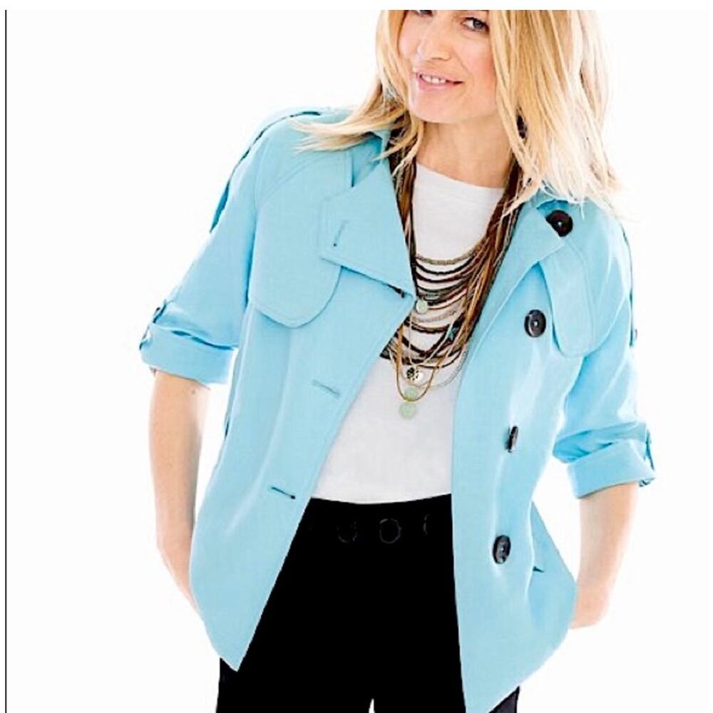 Chico’s Size 1 Turquoise Cropped Linen Trench Jacket Blazer Button Front